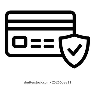 Black outline icon of a credit card with a shield and checkmark, representing secure transactions and financial protection. Editable stroke.