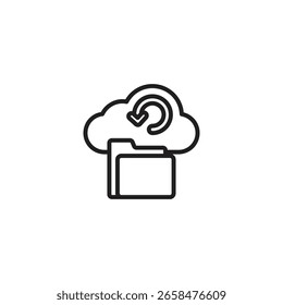 Un icono de contorno negro que representa una nube sobre una carpeta, con una flecha circular que apunta hacia abajo y hacia la izquierda dentro de la nube, simbolizando la actualización, reversión o sincronización de datos de la nube.