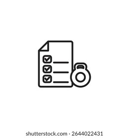 A black outline icon depicting a document with three checked boxes and horizontal lines, next to a kettlebell.