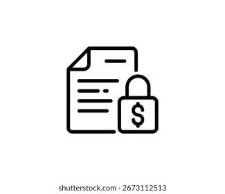 Ein schwarzes Gliederungssymbol, das ein Dokument mit horizontalen Linien darstellt, die Text darstellen. Rechts neben dem Dokument befindet sich ein Vorhängeschloss mit einem Dollarzeichen, das die finanzielle Sicherheit symbolisiert