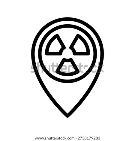 A black outline icon depicting a map pin with a radiation symbol inside.  Nuclear and Radiation Single Line Icon.