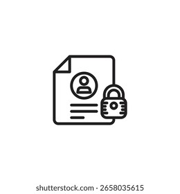 Un icono de contorno negro representa un documento con una imagen de perfil y líneas de texto, acompañado de un candado, que significa un documento privado o datos personales seguros.