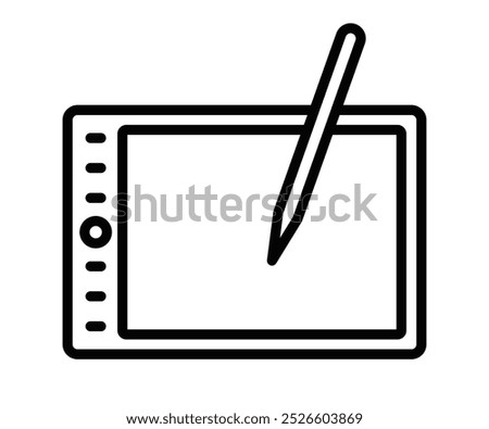 Black outline icon of a digital drawing tablet with a stylus. Represents digital art, design, or creativity. Editable stroke
