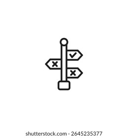 A black outline icon of a directional signpost with three arrows: one pointing right with a checkmark, and two pointing left with 'X' marks.