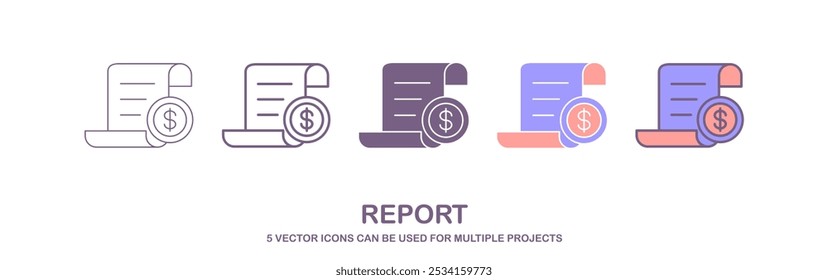 Ícone preto da estrutura de tópicos de um documento com um símbolo de dólar, representando um demonstrativo financeiro, fatura ou cobrança.