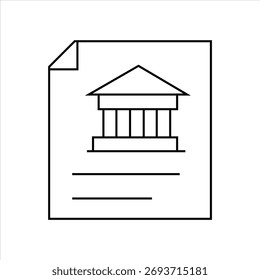 Icono de contorno negro de un documento que presenta un edificio de la corte, que simboliza asuntos legales o gubernamentales, sobre un fondo blanco.
