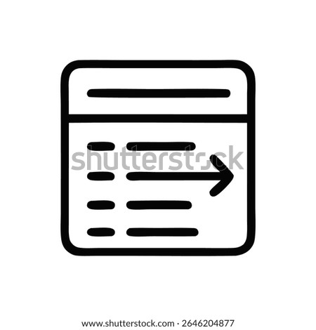 Black outline icon of a document with horizontal lines and an arrow pointing to the right, inside a rounded rectangle shape.
