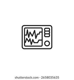 Un contorno negro de una máquina de ECG muestra una forma de onda del latido del corazón en su pantalla, junto con tres indicadores rectangulares y un Botón circular.