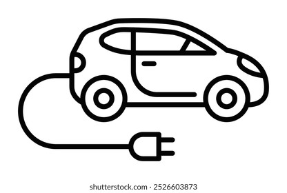 Ícone de contorno preto de um carro elétrico com um plugue de carregamento. Representa veículos elétricos, transporte ecologicamente correto e energia renovável. Traçado editável.