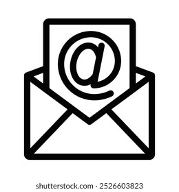 Ícone preto de contorno de um envelope com um símbolo de email, representando comunicação por email, mensagens e serviços de Internet. Traçado editável.
