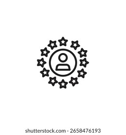 Un icono de contorno negro presenta una figura central dentro de un círculo, rodeado por un anillo de doce estrellas, que representa una experiencia de cliente transparente o un usuario altamente calificado.