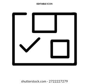 Ícone de contorno preto com uma marca de seleção, um quadrado e um retângulo em um quadro quadrado maior.