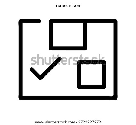 Black outline icon featuring a checkmark, a square, and a rectangle within a larger square frame.