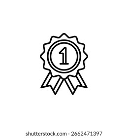 Um ícone de contorno preto de um prêmio de fita de primeiro lugar com o número "1" no centro, isolado em um fundo branco.