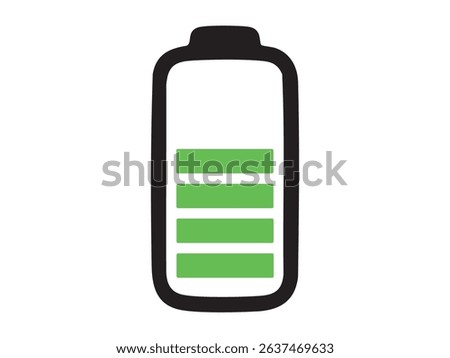 Black outline icon of half full battery with green bars isolated on white background. Concept of battery charge level, energy indicator, charging progress, power status display.