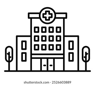 Ícone de contorno preto de um edifício do hospital com um símbolo de cruz. Representa assistência médica, serviços médicos ou instalações hospitalares. Traçado editável.