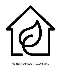 Icono de contorno negro de una casa con una hoja en el interior, que representa la vida ecológica, la sostenibilidad y las casas verdes. Trazo editable.