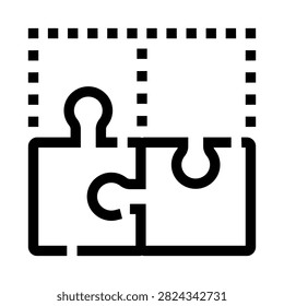 Black outline icon illustrating two connected puzzle pieces with a dotted outline above, symbolizing integration, teamwork, strategy, and problem solving to complete a larger concept