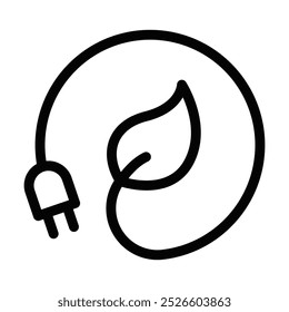Schwarzes Umrisssymbol eines Blattes mit Netzstecker. Stellt umweltfreundliche Energie, grüne Energie oder Nachhaltigkeit dar. Bearbeitbarer Strich.