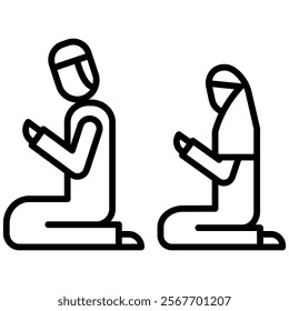 Black outline icon of a man and woman performing sholat (Islamic prayer) with simple, clean lines. Ideal for Ramadan theme, religious, cultural, and educational designs