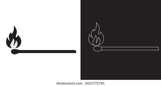 Black outline icon of Matchstick, vector, logo, fire logo. Vector illustration of match stich and fire. Matchstick silhouette.