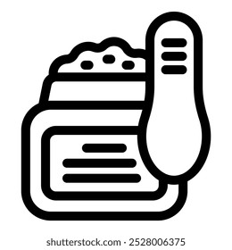 Black outline icon of a measuring spoon scooping protein powder from a jar, representing sports nutrition