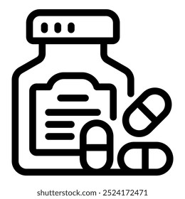 Black outline icon of a medicine bottle with pills spilling out, representing healthcare and pharmaceutical concepts
