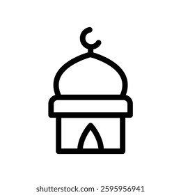 A black outline icon of a mosque dome with a crescent moon. Represents Islamic architecture, worship, spirituality, and Ramadan, symbolizing prayer, faith, and the holy month of fasting.