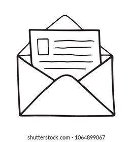 Black outline icon of the open envelope with the letter. Sign for mail, email, communication.