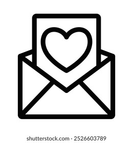 Icono de contorno negro de un sobre abierto con un corazón, que simboliza el amor, el afecto o los mensajes románticos como una carta de amor o una tarjeta de felicitación. Trazo editable.