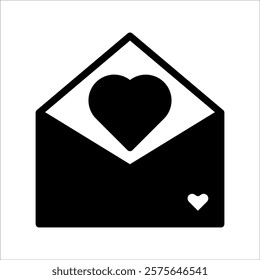 Black outline icon of an open envelope with a heart, symbolizing love, affection, or romantic messages like a love letter or greeting card. Editable stroke.