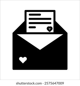 Black outline icon of an open envelope with a heart, symbolizing love, affection, or romantic messages like a love letter or greeting card. Editable stroke.