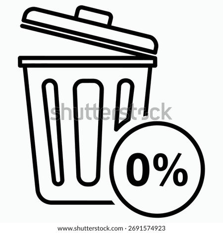 A black outline icon of an open trash can with a lid is shown. To the right of the trash can, a circle contains the text "0%" in bold black numbers.