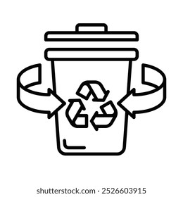 Black outline icon of a recycling bin with arrows, representing waste management, recycling, and environmental sustainability. Editable stroke.