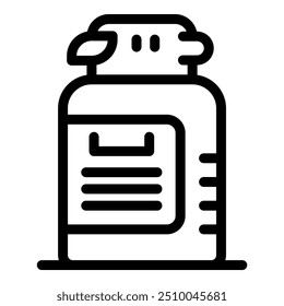 Icono de contorno negro que representa una botella de píldoras con su información de dosificación impresa en una etiqueta