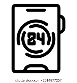 Black outline icon representing a smartphone with 24 hours availability symbol, ideal for representing always available services