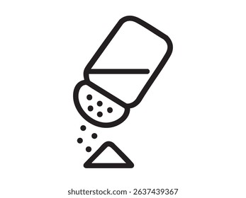 Black outline icon of salt shaker with falling granules isolated on white background. Concept of seasoning, kitchen utensil, cooking ingredient, food preparation symbol, icon, logo, design element.