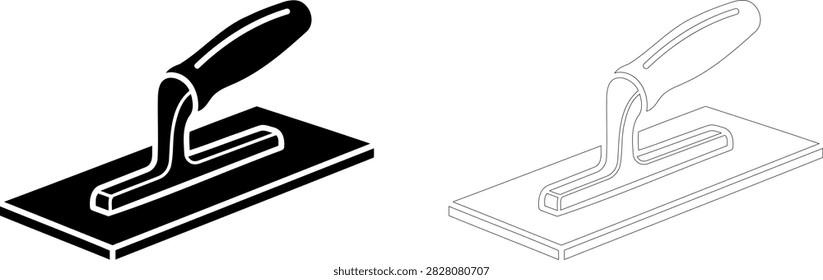 Black and outline icon set of a construction trowel tool for masonry and plastering work . Editable.