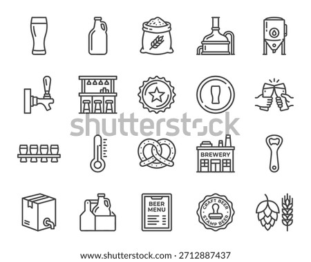 Black outline icon set for craft beer and brewery. Features brewing process equipment, taps, glassware, hops, barley, and pub symbols. Minimalist clean vector design.