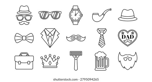 Black outline icon set of hipster male accessories including beard moustache glasses hat tie and razor for Father's Day Celebration