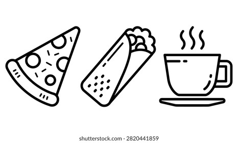 Black outline icon set of pepperoni pizza slice tortilla wrap and steaming coffee cup
