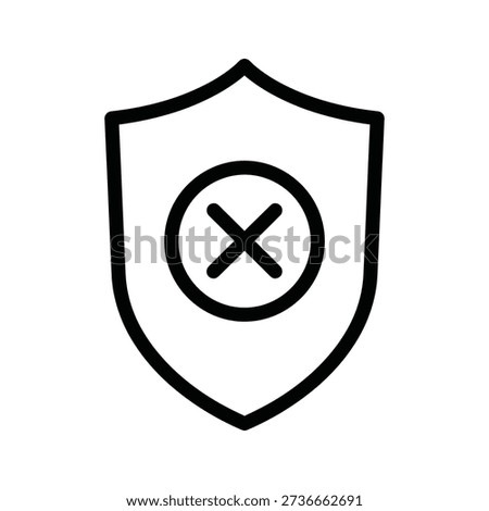 Black outline icon of a shield with a cross mark inside isolated on