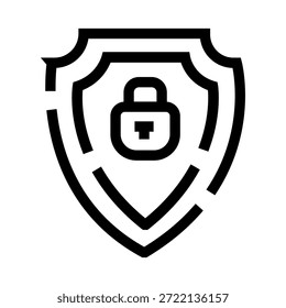 Ícone preto da estrutura de tópicos mostrando um escudo com um cadeado, simbolizando proteção digital, segurança cibernética, privacidade de dados, redes seguras e segurança on-line para informações confidenciais