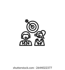 A black outline icon showing two people wearing headsets, a male and a female, with a target symbol and arrow hitting the bullseye placed between and above them.