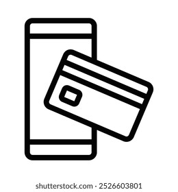 Black outline icon of a smartphone with a credit card, representing mobile payments, online banking, and digital transactions. Editable stroke