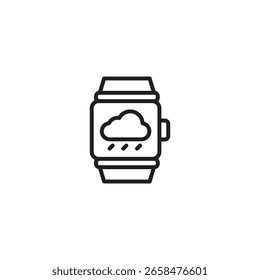 A black outline icon of a smartwatch displaying a cloud with rain droplets, symbolizing weather information on a wearable device or a cloud-connected smartwatch.