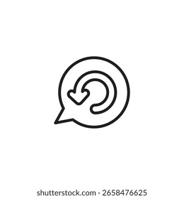 Icono de contorno negro de una burbuja de diálogo que contiene una flecha circular que apunta hacia abajo y hacia la izquierda, simbolizando una actualización del mensaje, una acción del Deshacer o una conversación cíclica.