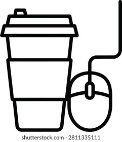 Black Outline Icon of Takeaway Coffee Cup Beside Sleek Computer Mouse Representing Modern Workspace Desk Setup Isolated on White