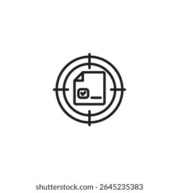 A black outline icon of a target with crosshairs, containing a document-like symbol with a checkmark, representing a targeted document or successful capture.