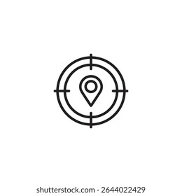 Um ícone de contorno preto de um destino com um pin de local no centro, representando um local de destino ou um objetivo geográfico.